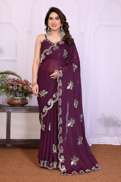 Wine Star Georgette Embroidered Saree