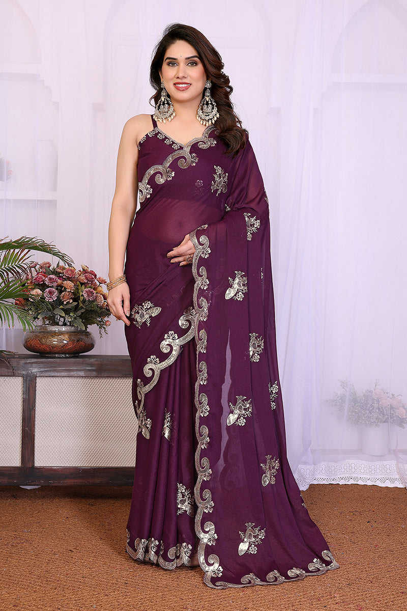 Wine Star Georgette Embroidered Saree