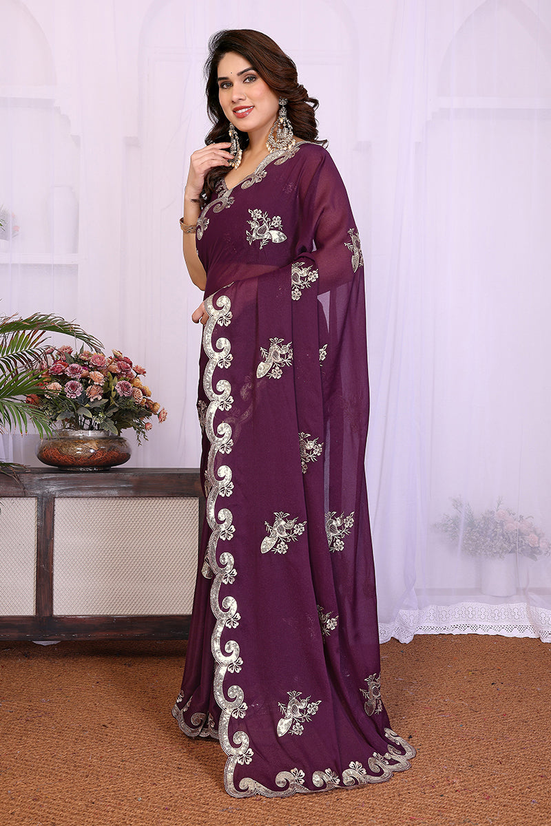 Wine Star Georgette Embroidered Saree