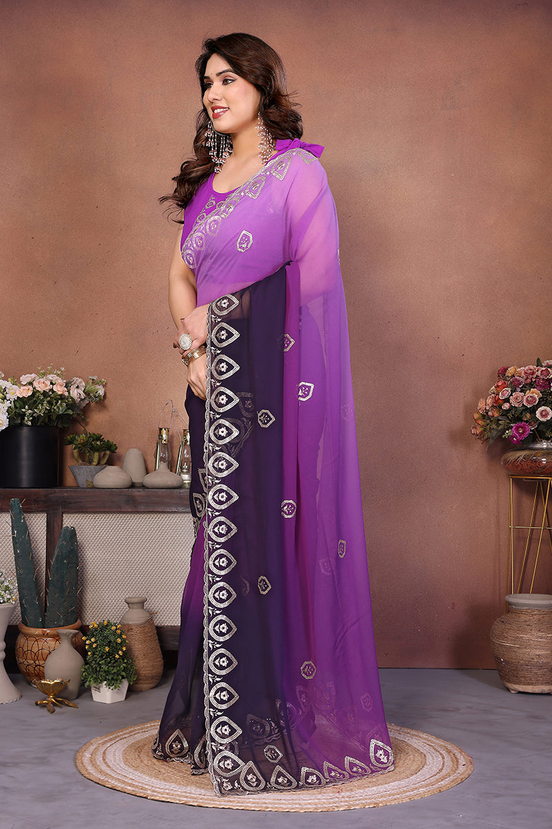 Purple Georgette Embroidered Saree