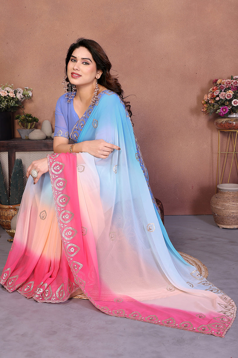 Sky Georgette Embroidered Saree