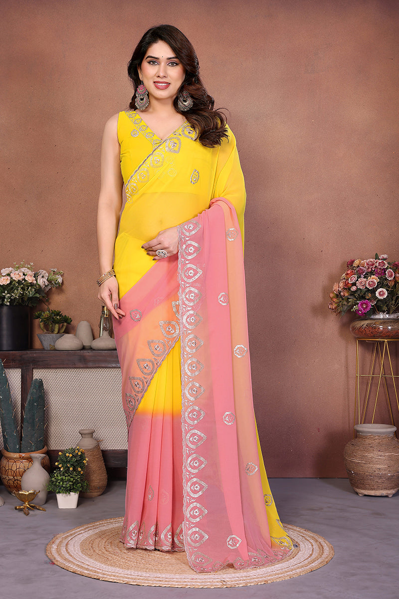 Yellow Georgette Embroidered Saree