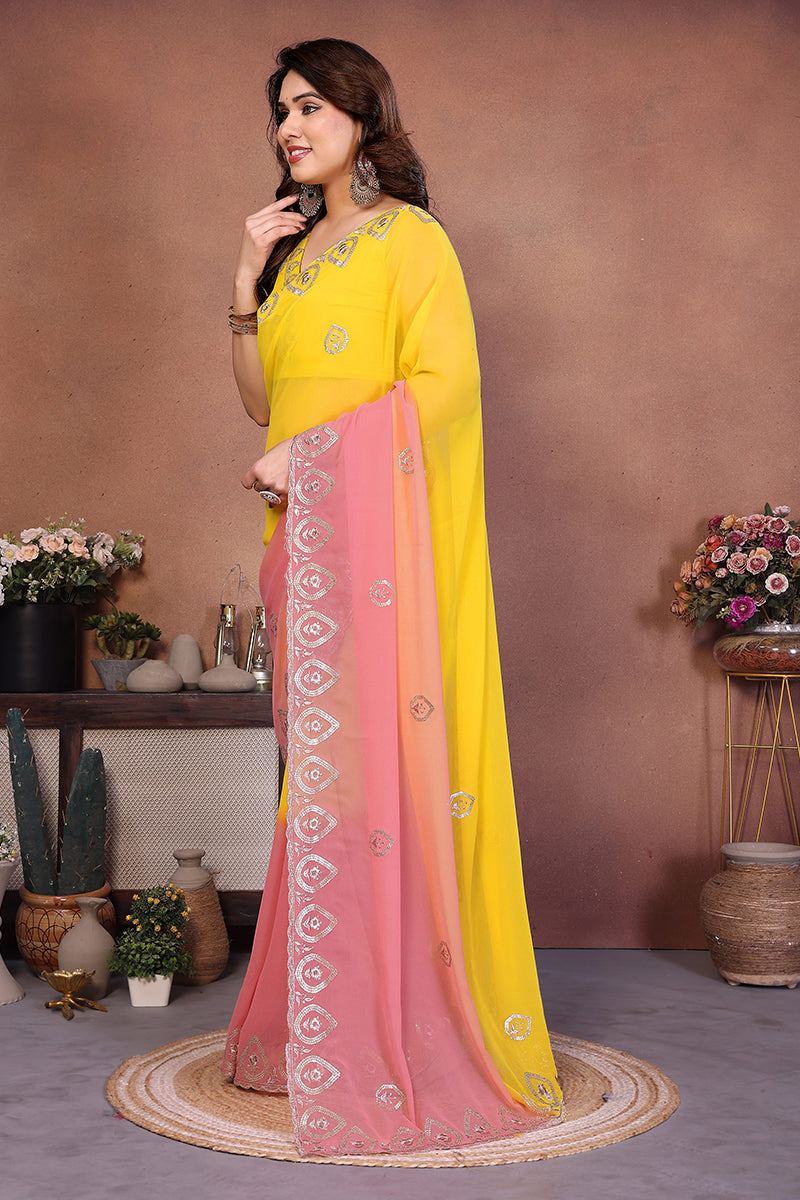 Yellow Georgette Embroidered Saree