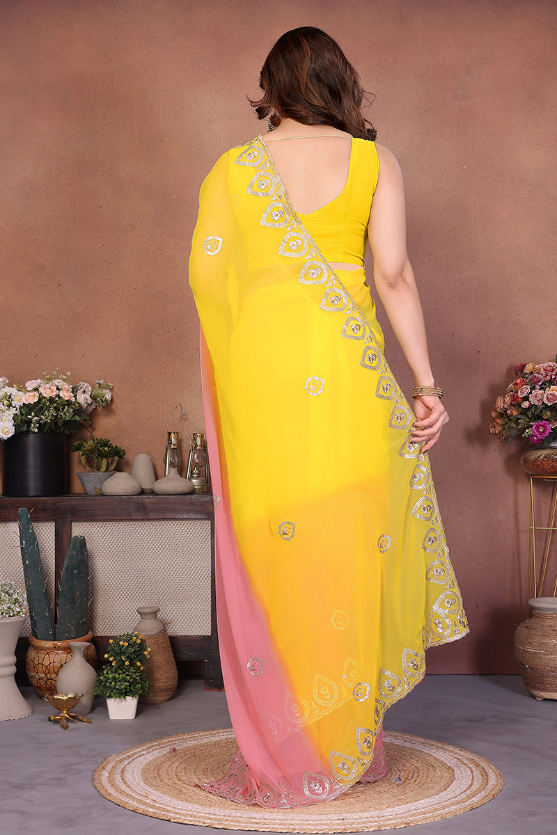 Yellow Georgette Embroidered Saree