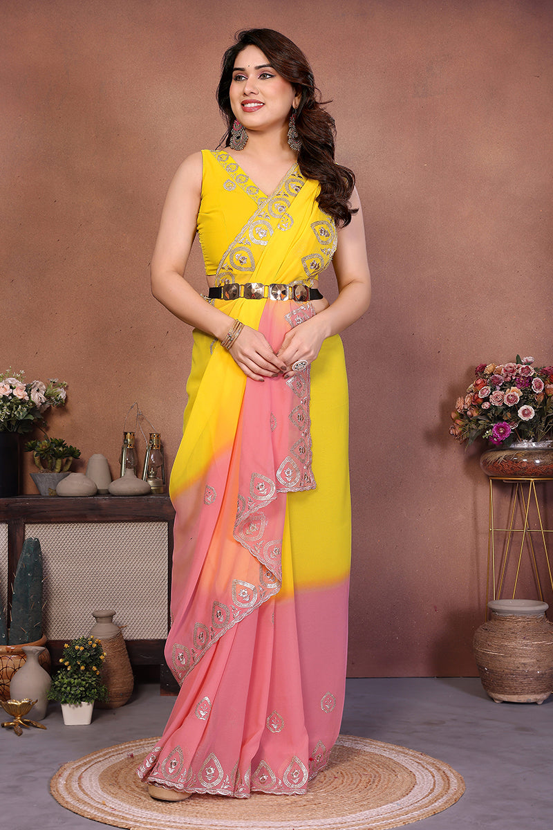 Yellow Georgette Embroidered Saree