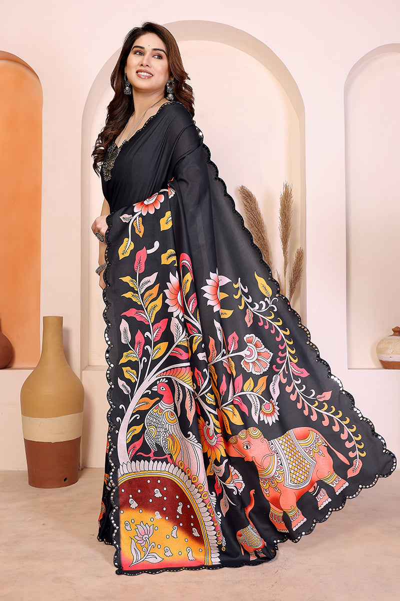 Black Kalamkari Printed Saree