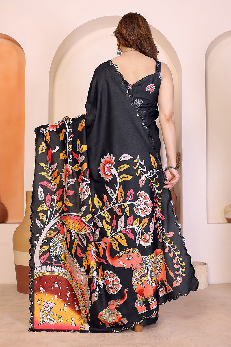 Black Kalamkari Printed Saree