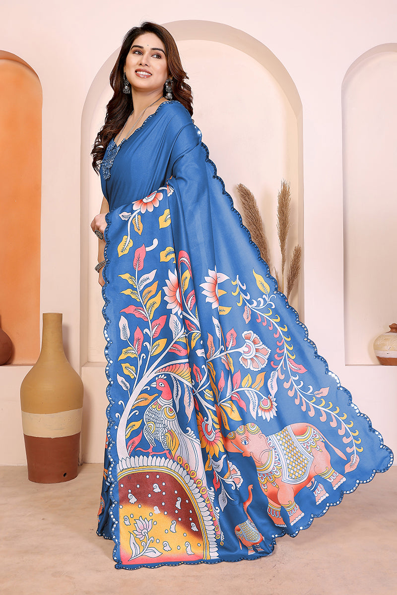 Blue Kalamkari Printed Saree