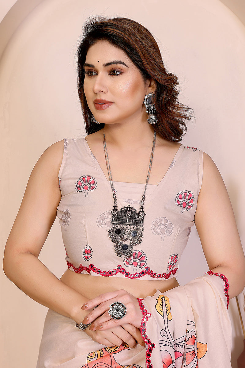 Cream Kalamkari Printed Saree