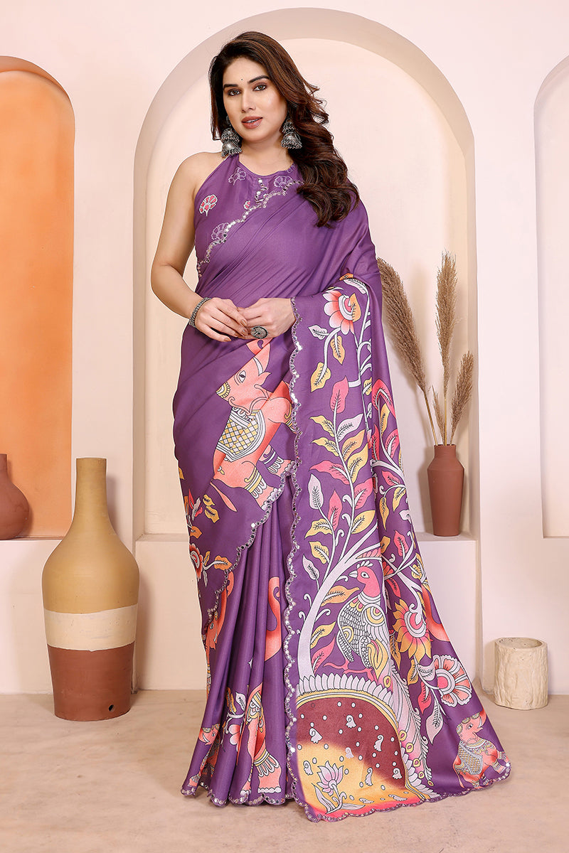 Dark Purple Kalamkari Printed Saree