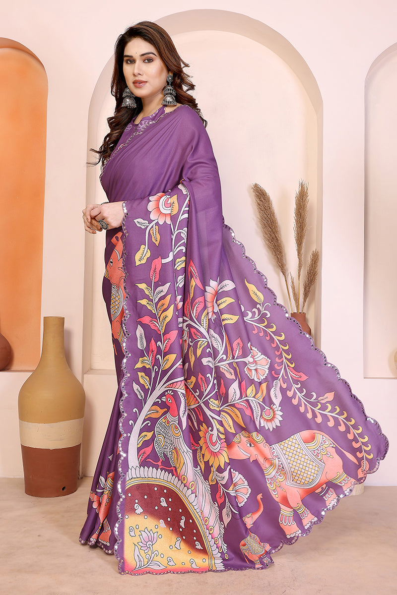 Dark Purple Kalamkari Printed Saree