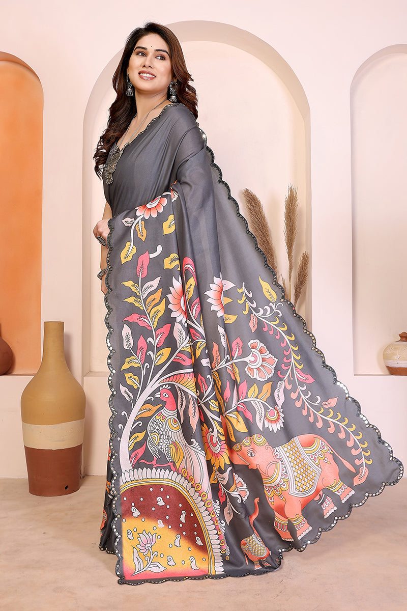 Grey Kalamkari Printed Saree