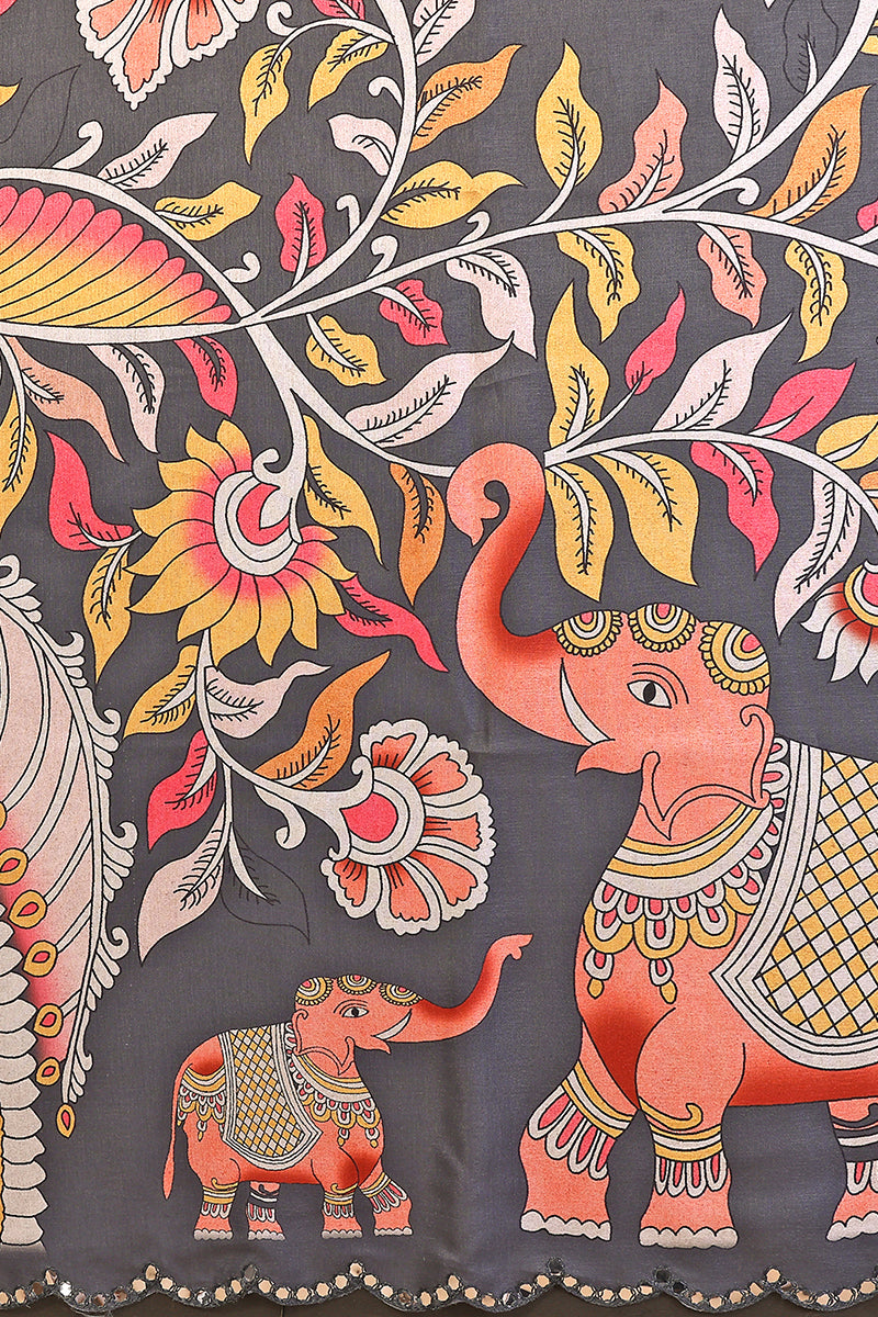 Grey Kalamkari Printed Saree