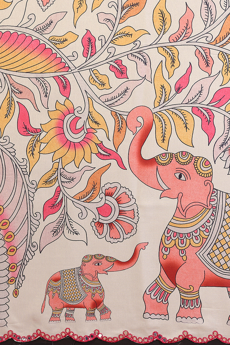 White Kalamkari Printed Saree
