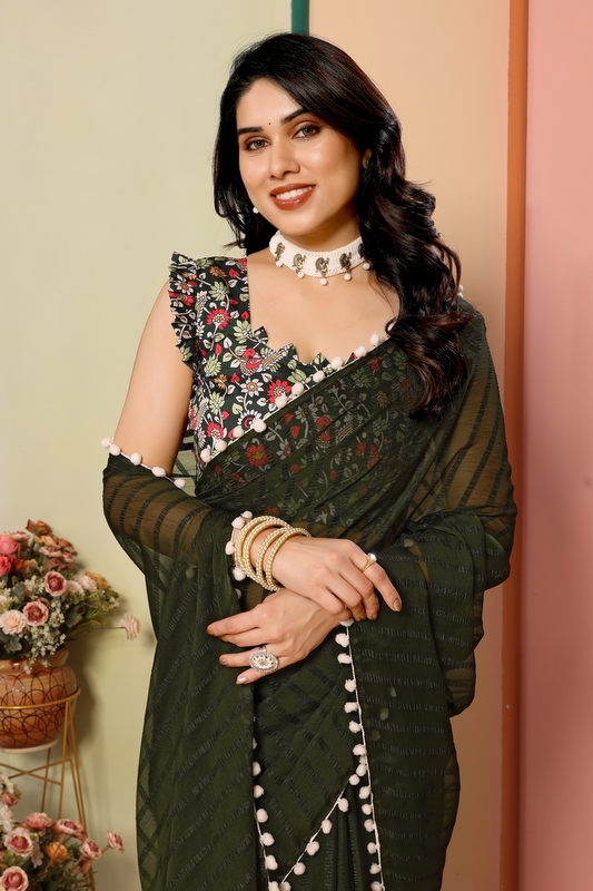 Green Striped Georgette Saree