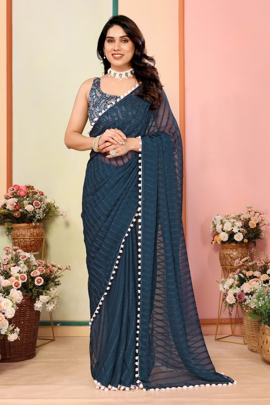 Navy Striped Georgette Saree