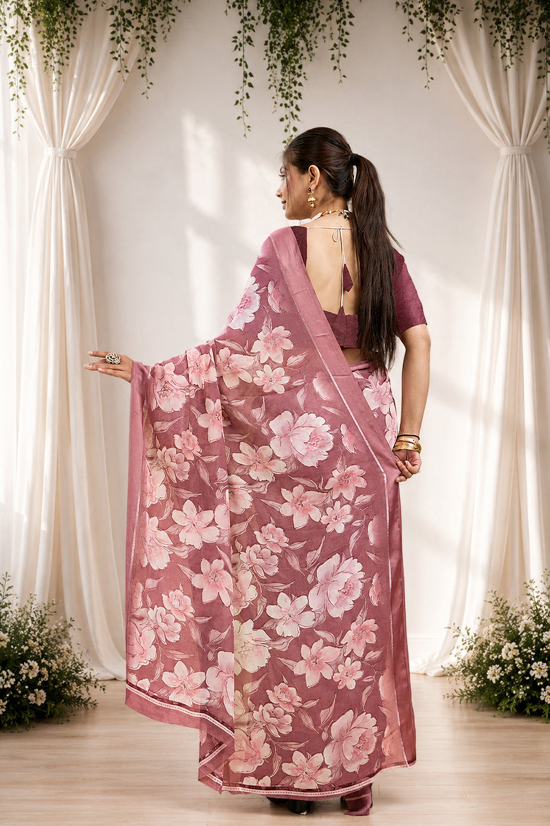 Dark Pink Floral Print Bright Moss Satin Border Saree