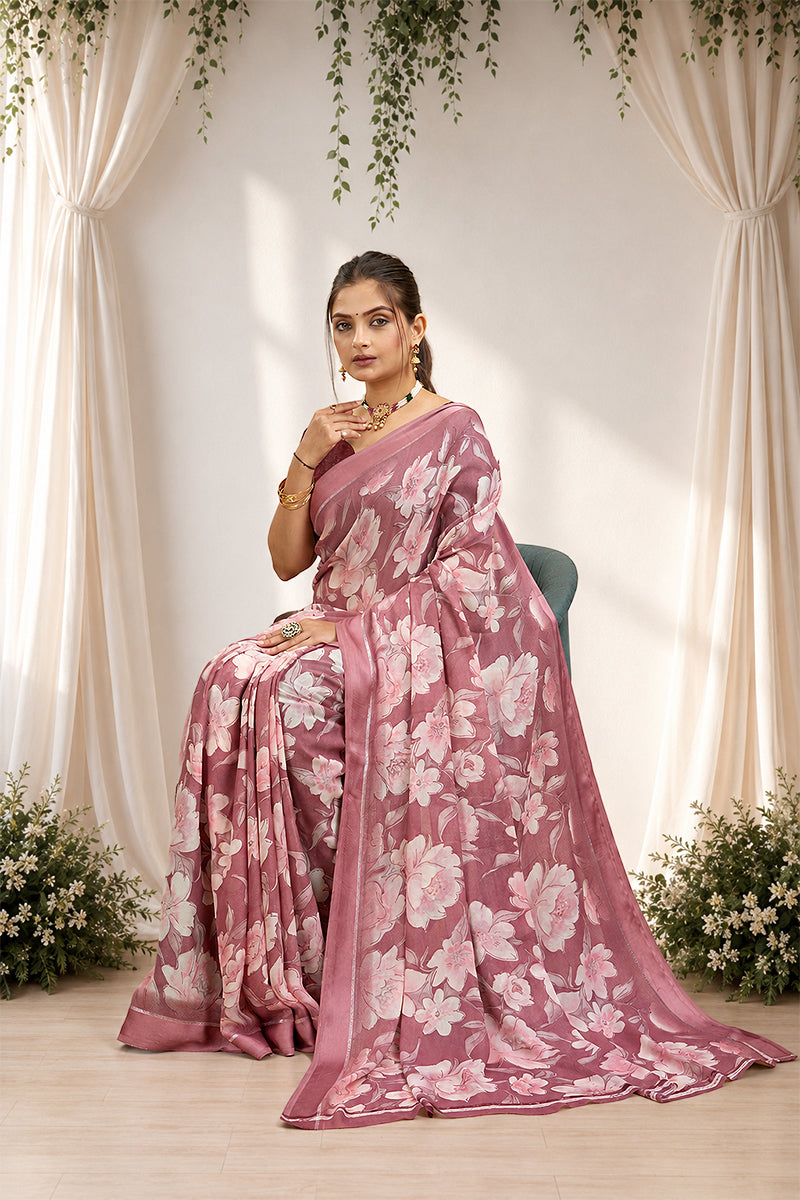 Dark Pink Floral Print Bright Moss Satin Border Saree