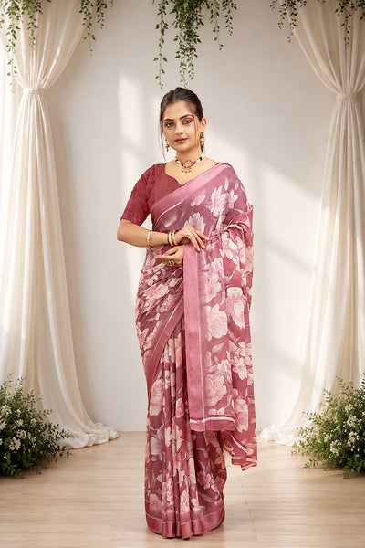 Dark Pink Floral Print Bright Moss Satin Border Saree