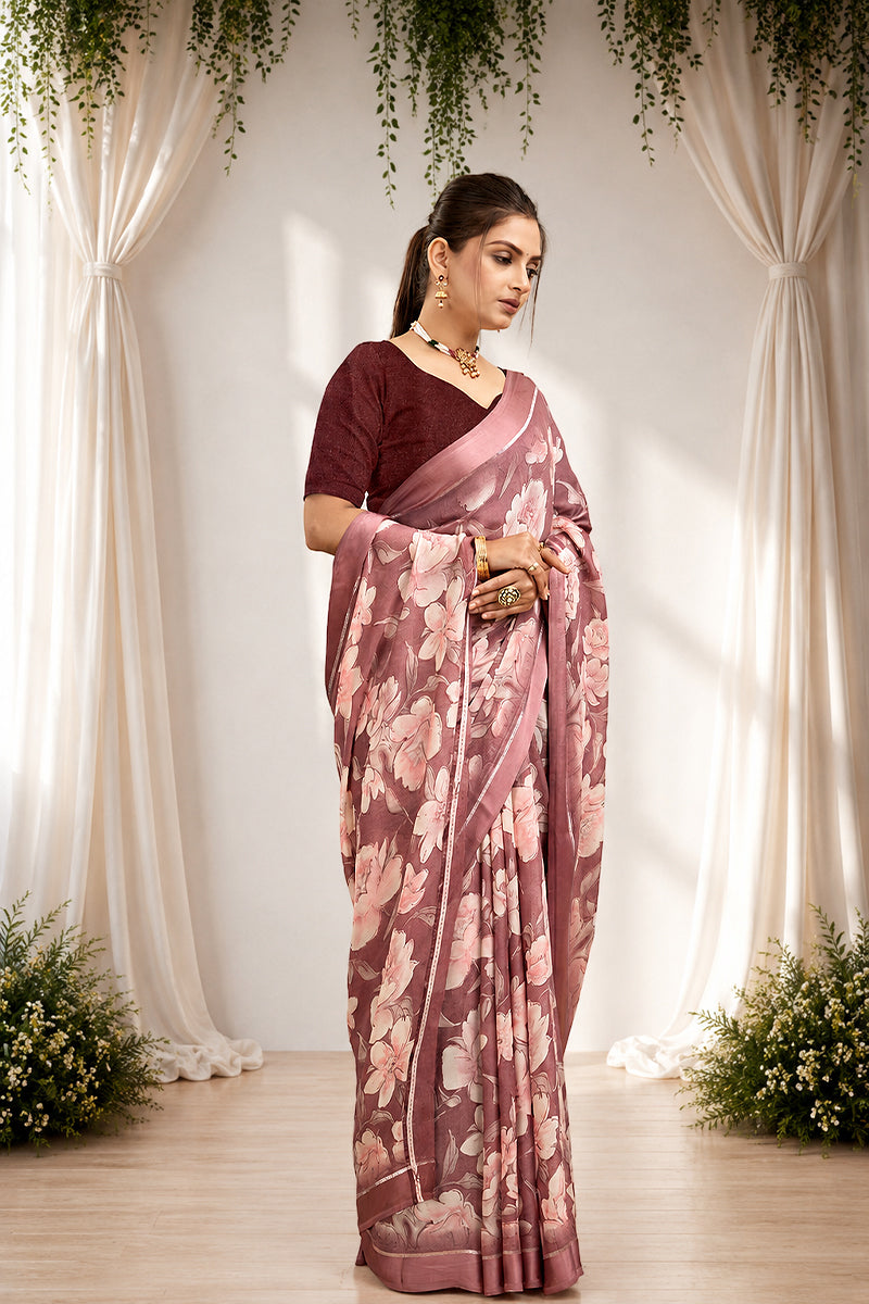 Dark Pink Floral Print Bright Moss Satin Border Saree