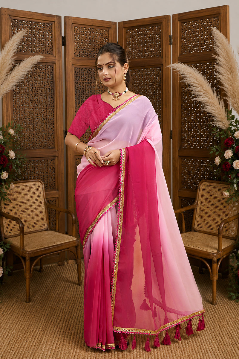 Dark Pink Toned Georgette Saree