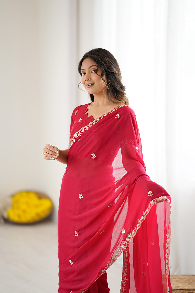 Dark Pink Embroidered Georgette Lace Saree