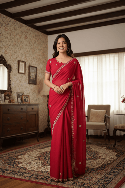 Dark Pink Embroidered Georgette Lace Saree
