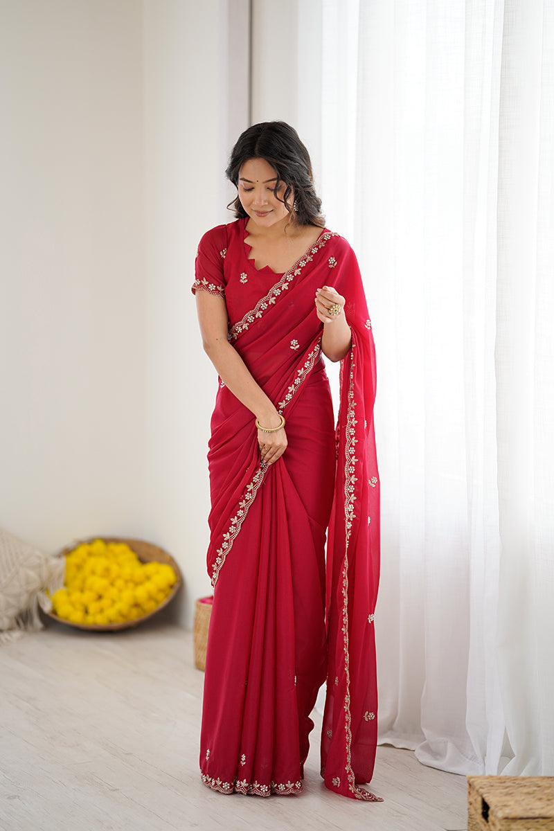 Dark Pink Embroidered Georgette Lace Saree