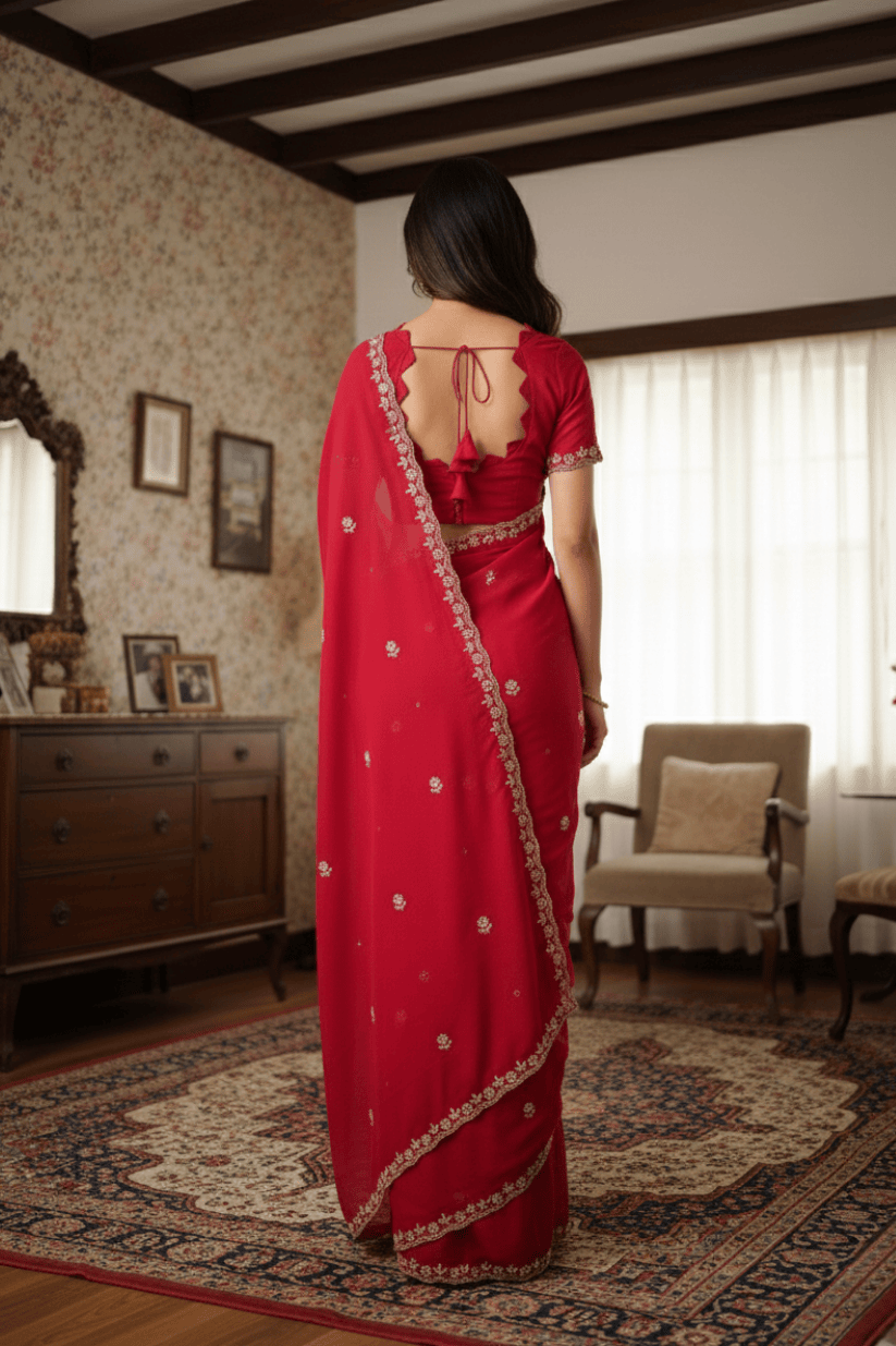 Dark Pink Embroidered Georgette Lace Saree