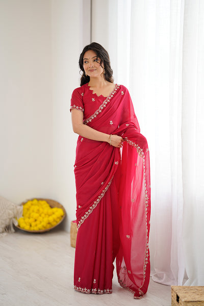 Dark Pink Embroidered Georgette Lace Saree