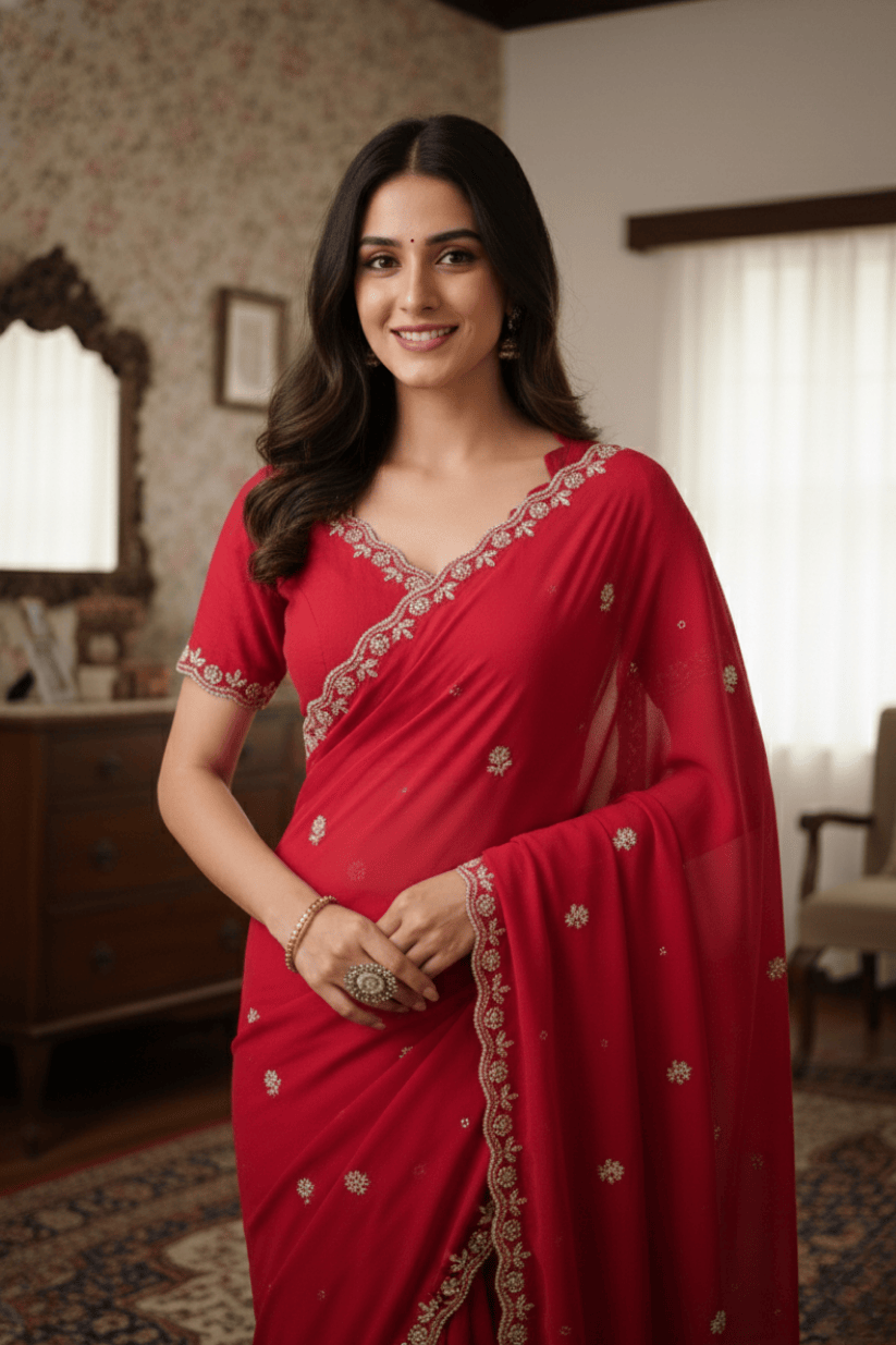 Dark Pink Embroidered Georgette Lace Saree