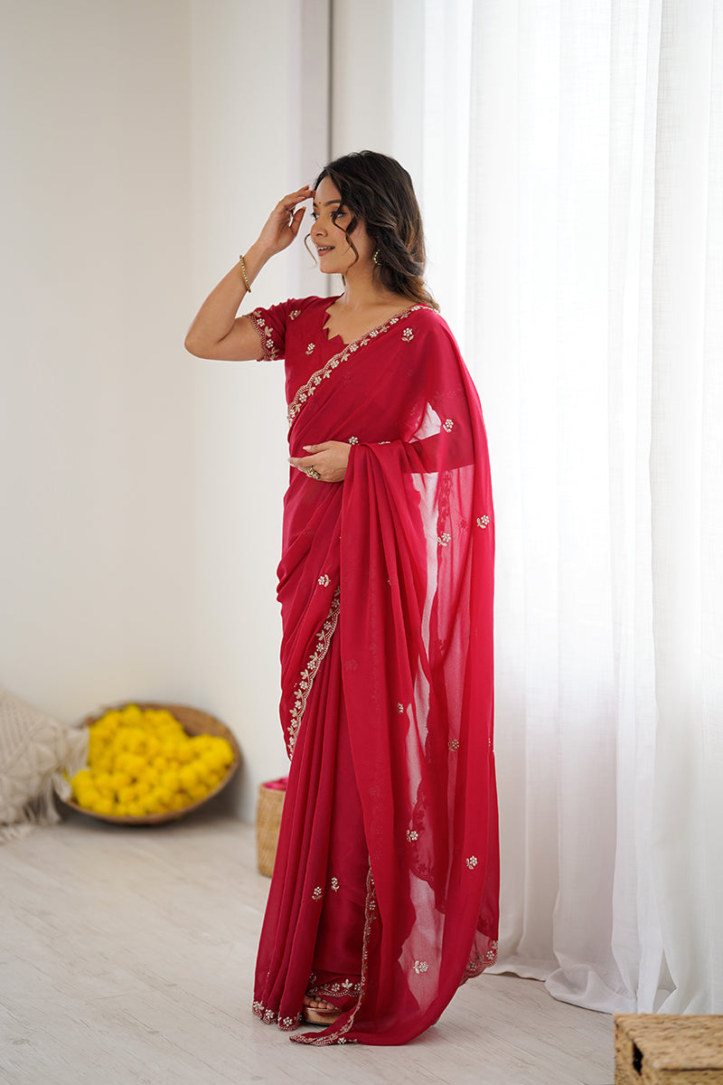 Dark Pink Embroidered Georgette Lace Saree