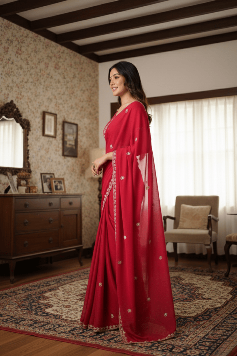 Dark Pink Embroidered Georgette Lace Saree