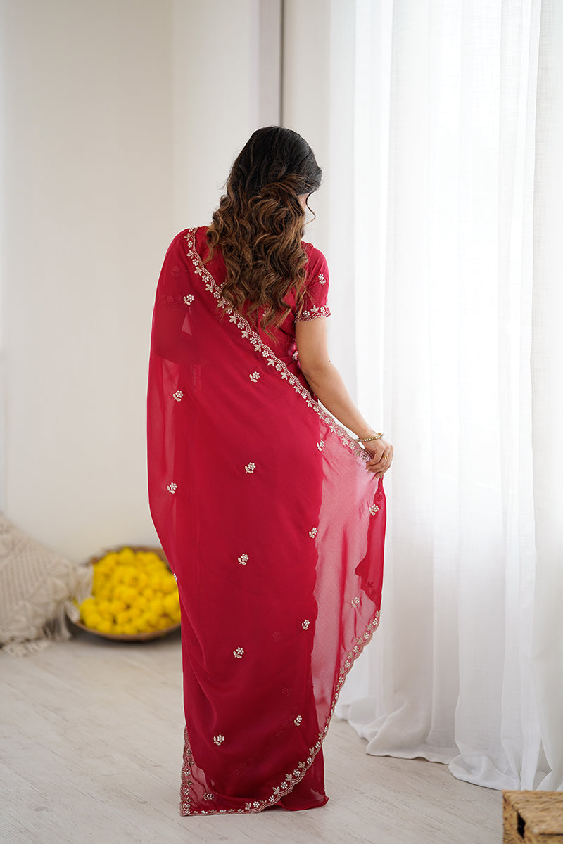 Dark Pink Embroidered Georgette Lace Saree
