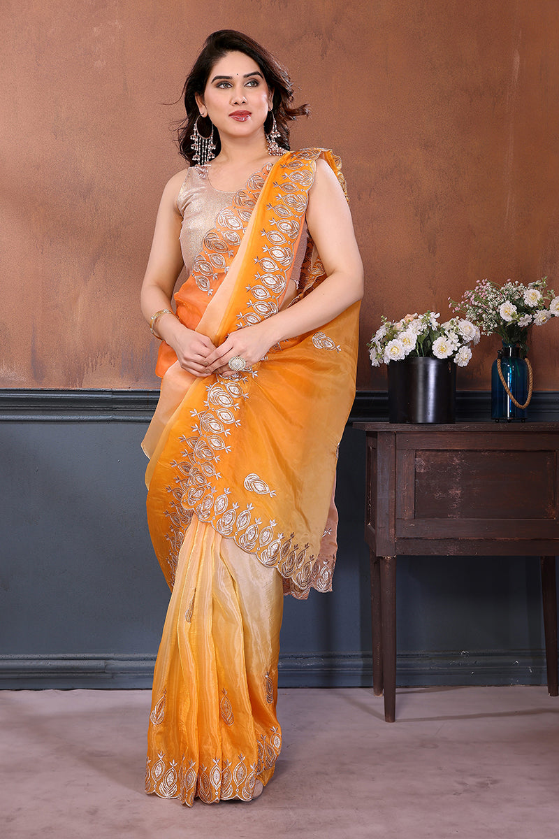 Deep Orange Dual Sahde Embroidered Saree
