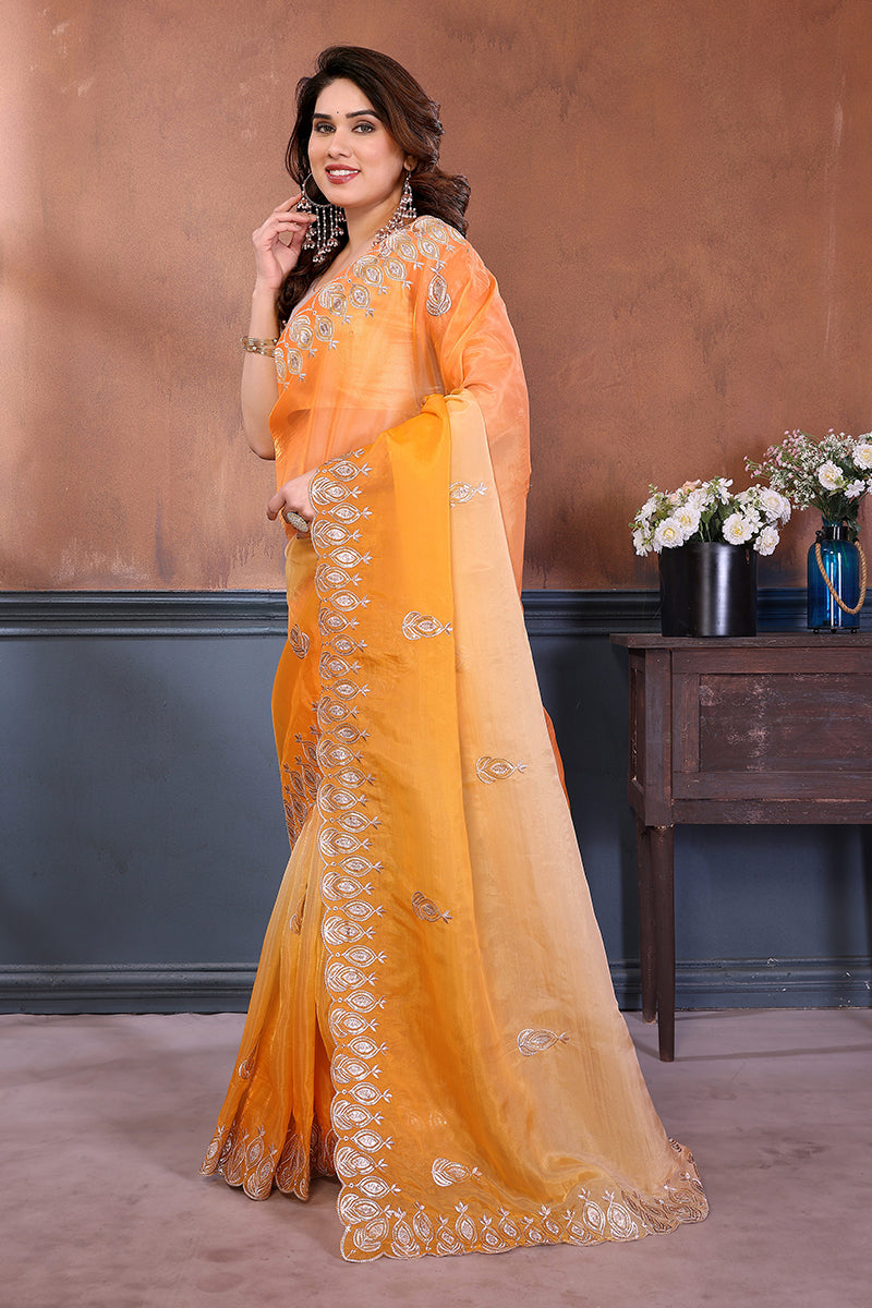 Deep Orange Dual Sahde Embroidered Saree