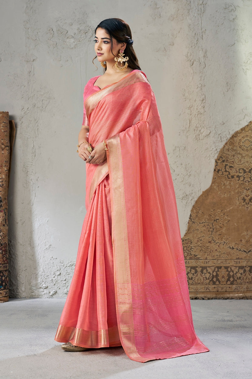 Dusty Pink Linen Cotton Zari Border Saree