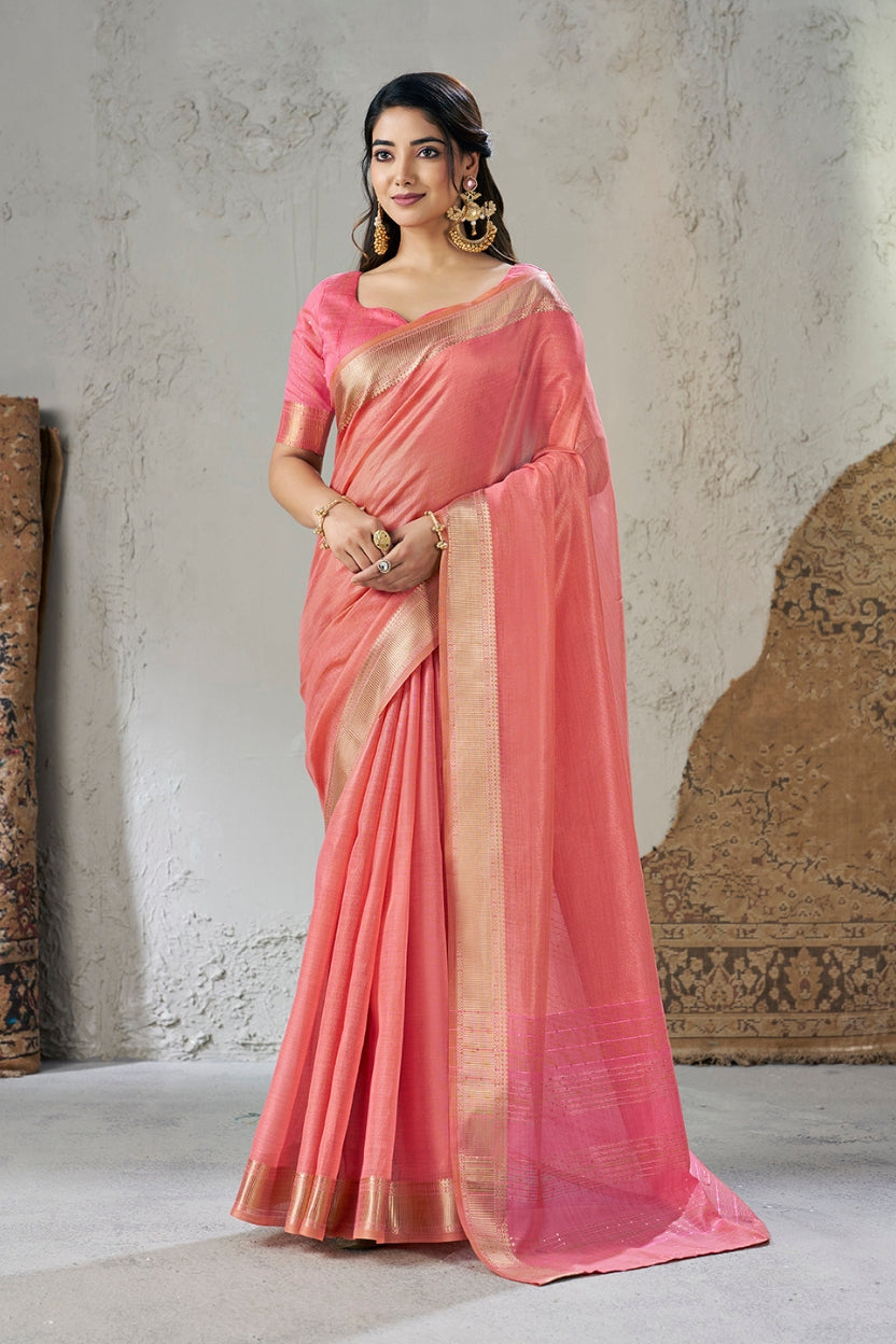Dusty Pink Linen Cotton Zari Border Saree