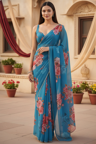 Blue Printed Georgette Lace Saree