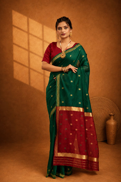 Dark Green Toned Cotton Silk Saree