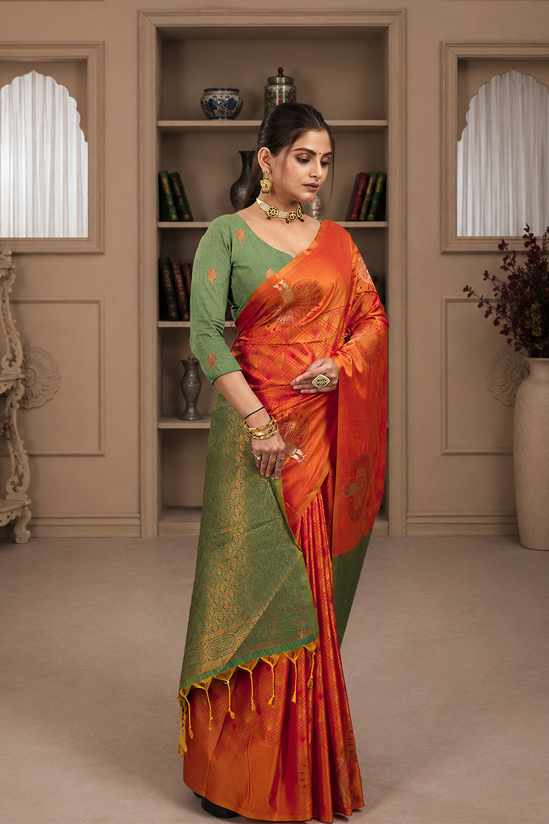 Orange Handloom Woven Banarasi Silk Saree