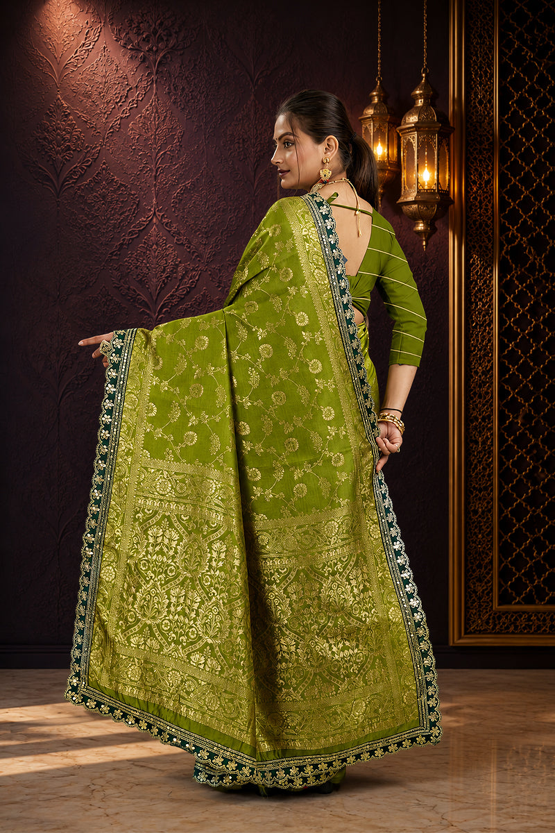 Olive Green Sequence Lace Work Kanjivaram Saree