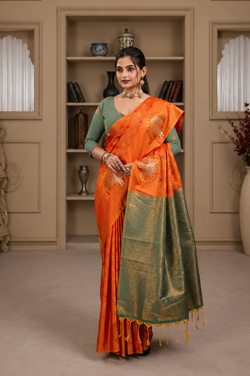 Orange Handloom Woven Banarasi Silk Saree