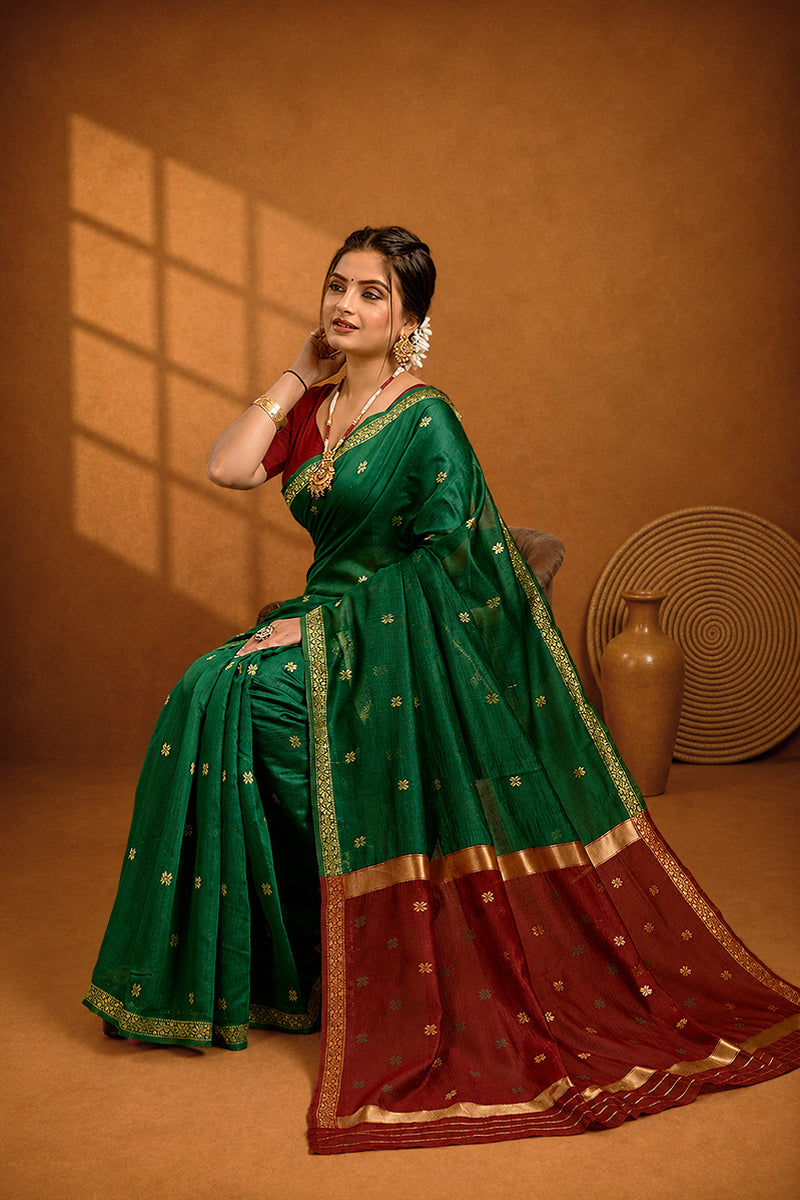 Dark Green Toned Cotton Silk Saree
