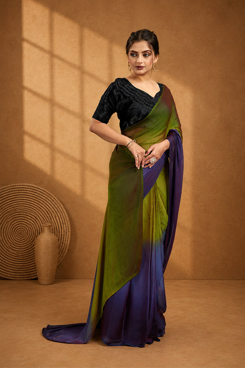 Green Ready To Wear Two Toned Nylon Silk Saree
