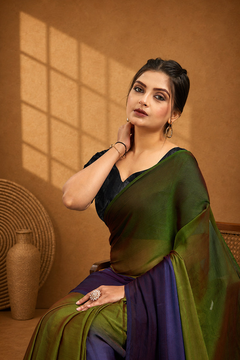 Green Ready To Wear Two Toned Nylon Silk Saree