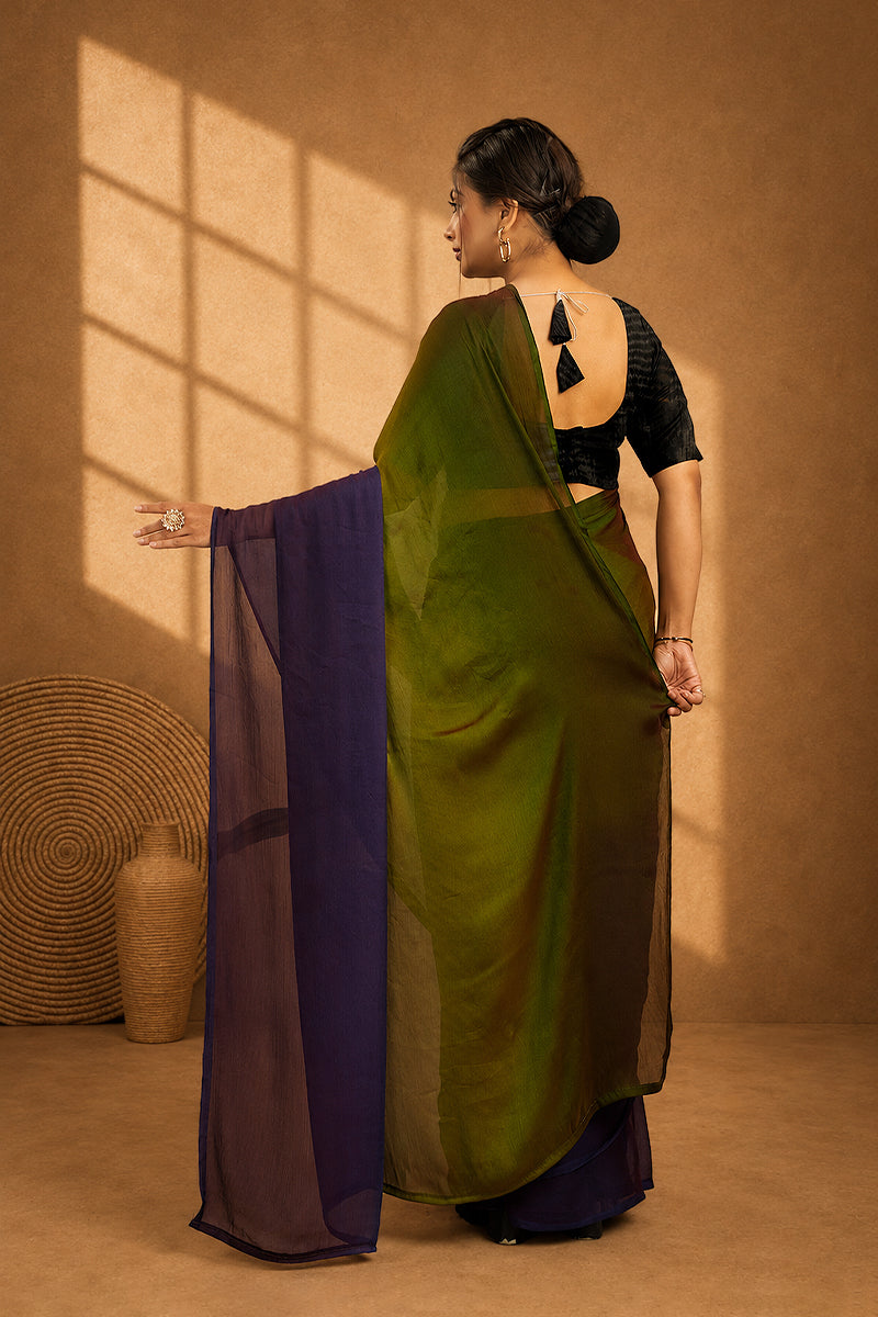 Green Ready To Wear Two Toned Nylon Silk Saree
