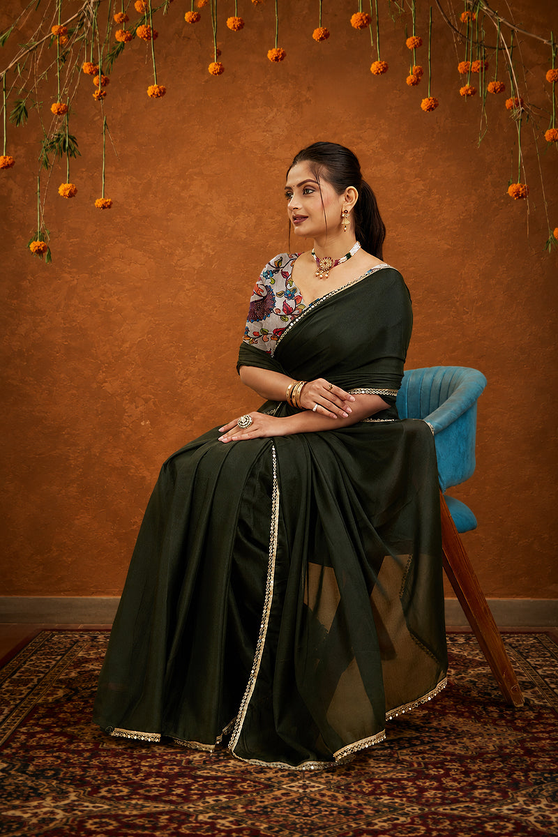 Dark Green Solid Plain Georgette Saree
