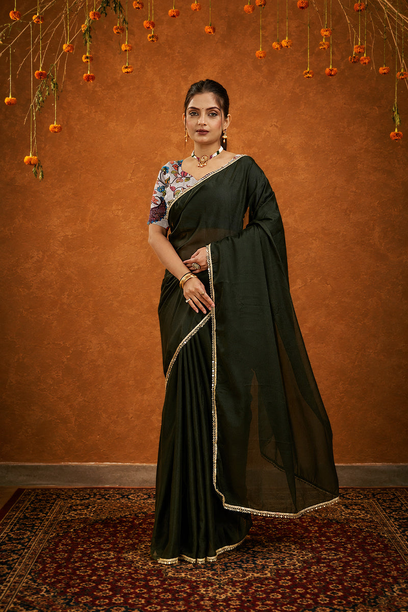 Dark Green Solid Plain Georgette Saree