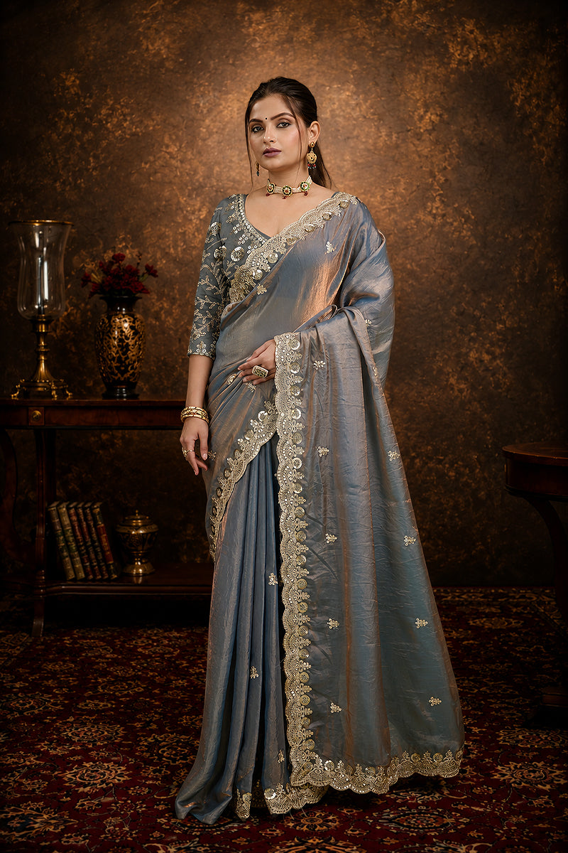 Silver Sequined Embroidered Fancy Chiffon Saree